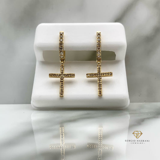 10K Dangling Cross Diamond Earrings