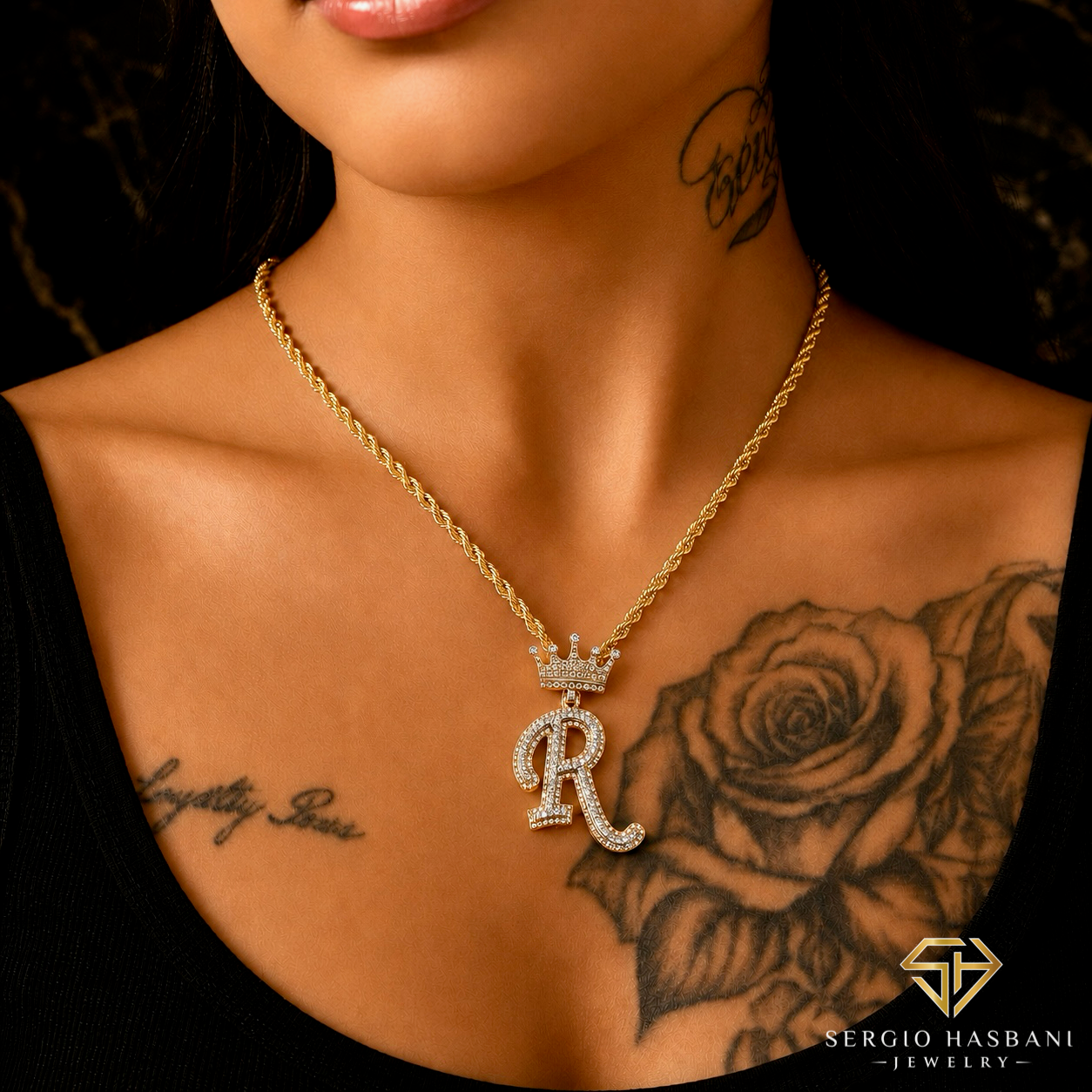 10K Diamond ''R'' Letter Pendant With Crown