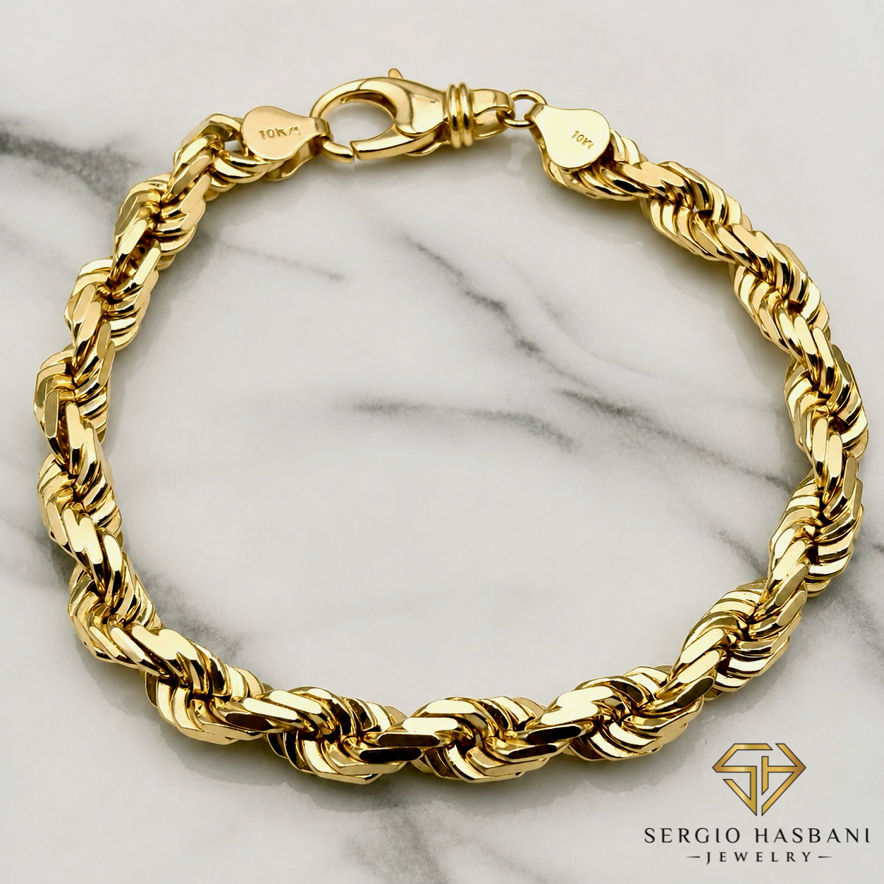 10K 7MM Solid Diamond Cut Rope Bracelet