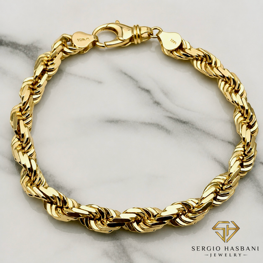 10K 7MM Solid Diamond Cut Rope Bracelet