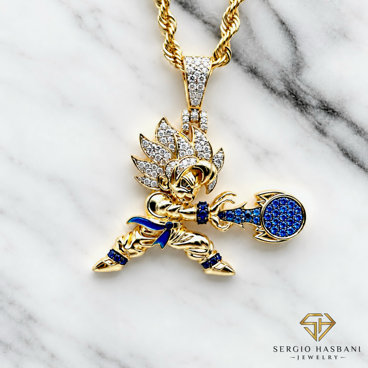 10K BABY G VVS Lab Diamond & Blue Sapphire Pendant