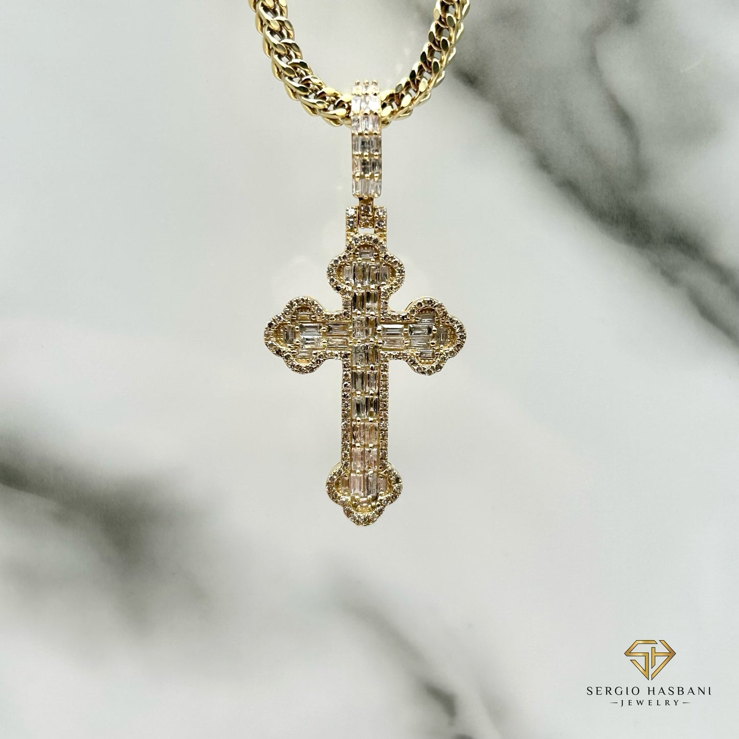 10K CELTO Baguette Diamond Cross Pendant