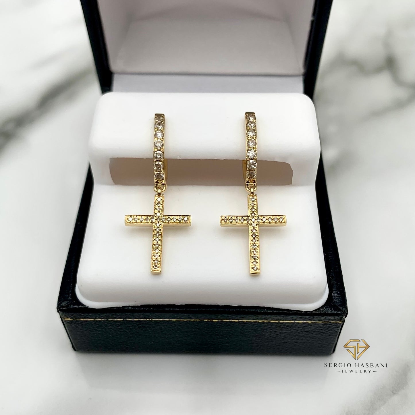 10K Dangling Cross Diamond Earrings