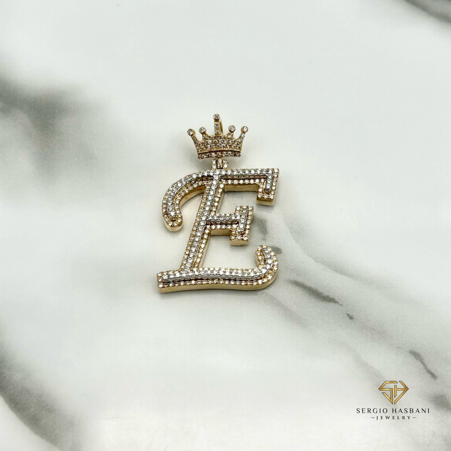 10K Diamond ''E'' Letter Pendant With Crown