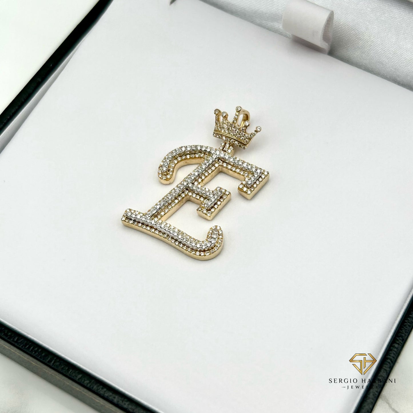 10K Diamond ''E'' Letter Pendant With Crown