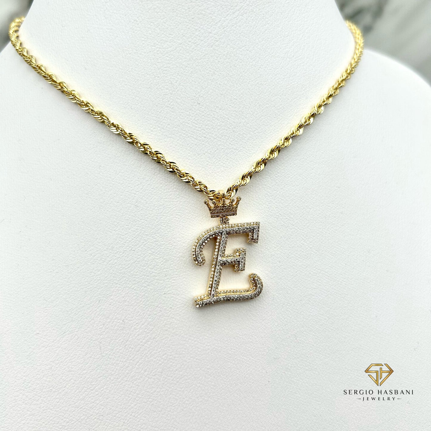 10K Diamond ''E'' Letter Pendant With Crown