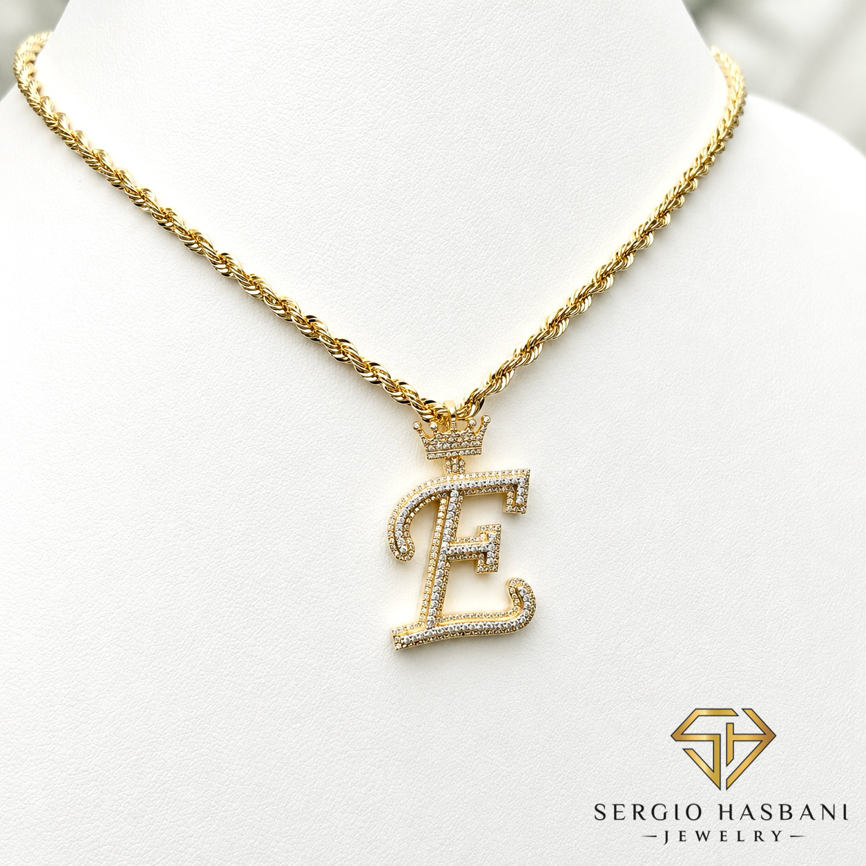 10K Diamond ''E'' Letter Pendant With Crown
