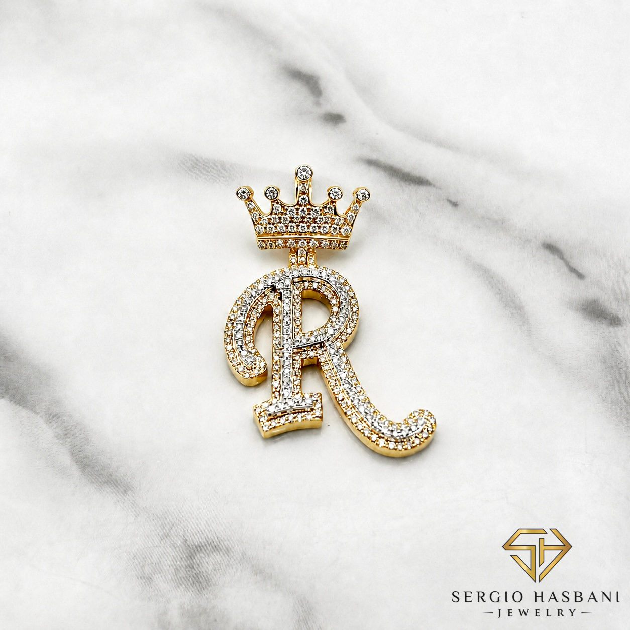 10K Diamond ''R'' Letter Pendant With Crown