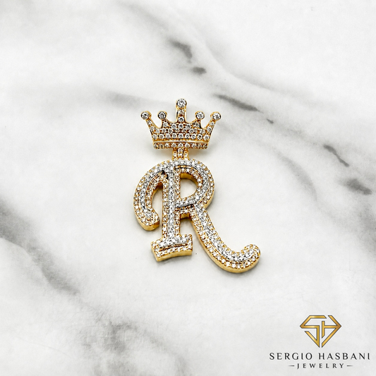 10K Diamond ''R'' Letter Pendant With Crown