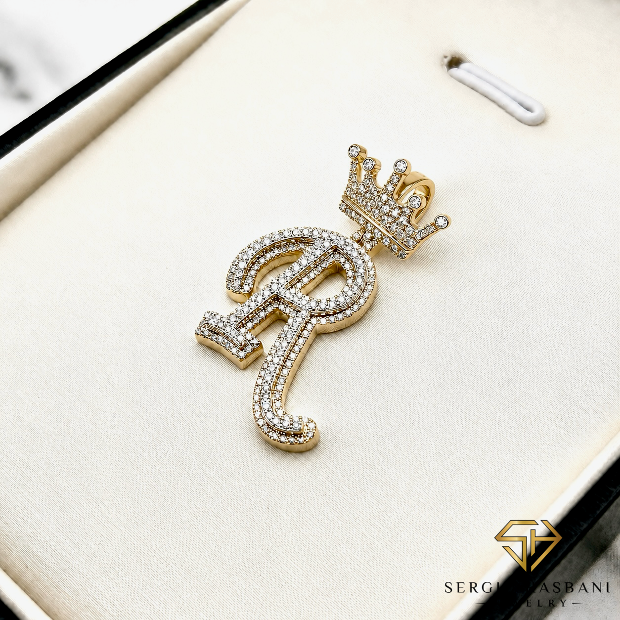 10K Diamond ''R'' Letter Pendant With Crown